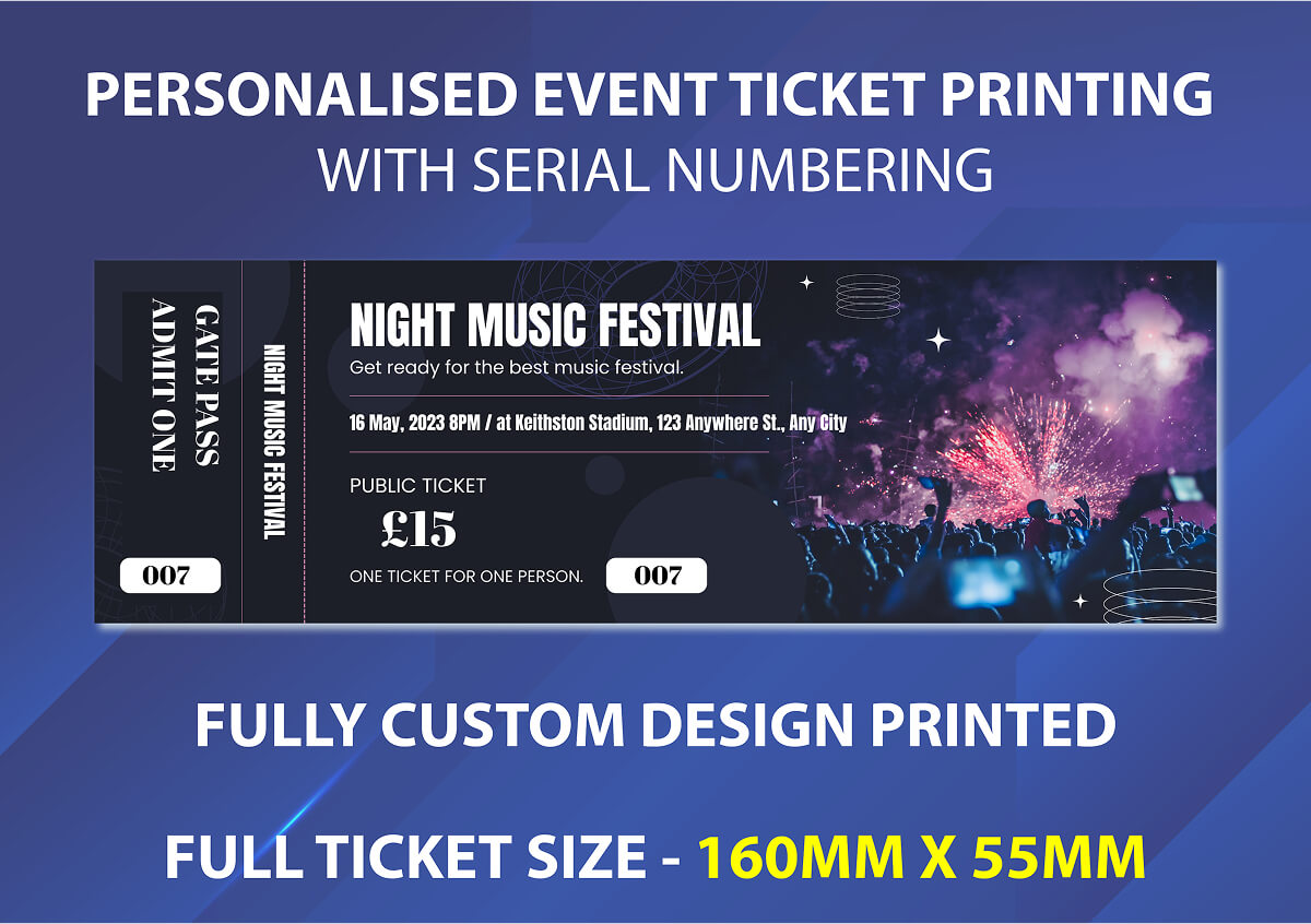 Serial numbered Personalised  Event Tickets, custom ticket printing, access control tickets